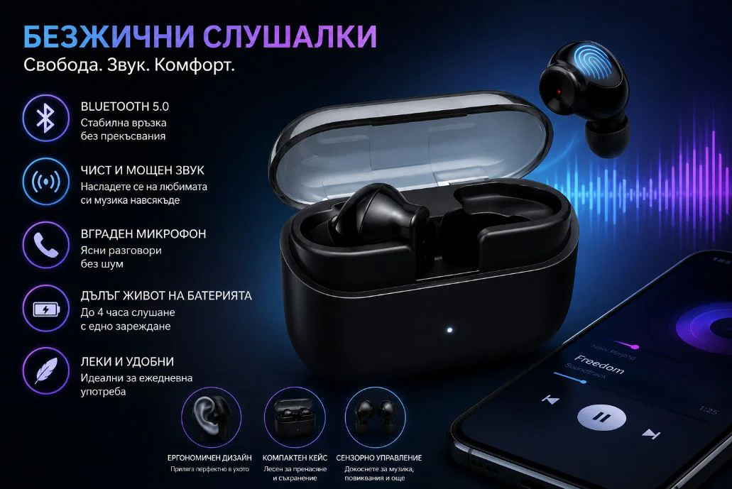 S60 Безжични Bluetooth TWS слушалки с кейс за зареждане – Стерео звук, сензорно управление и вграден микрофон