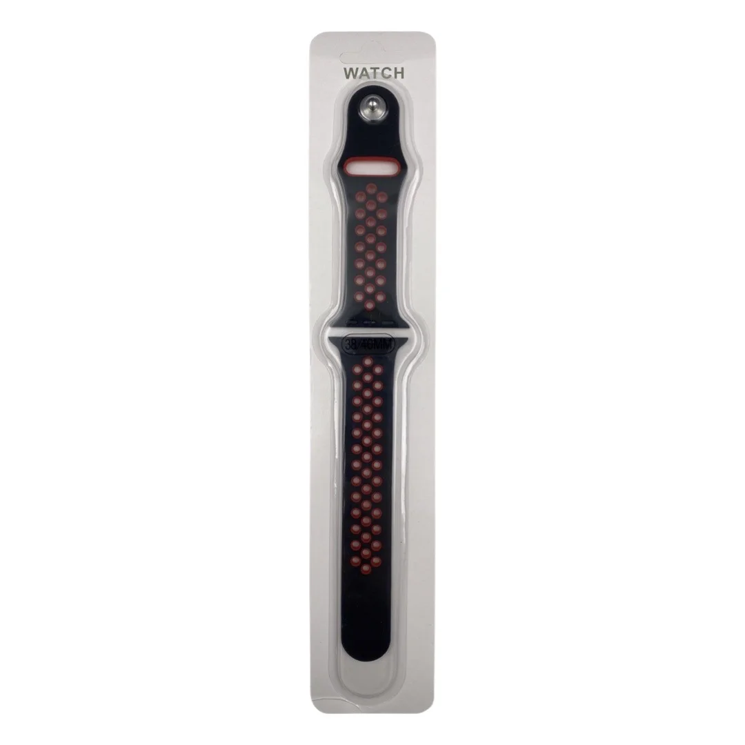 Силиконова Apple Watch каишка iWatch 45mm – Черно с червени дупки