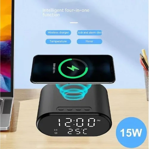 SZ-06 Дигитален LED часовник / Аларма + Безжично Зарядно Будилник – Бял