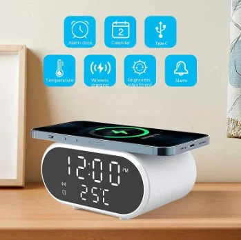 SZ-06 Дигитален LED часовник / Аларма + Безжично Зарядно Будилник – Черен