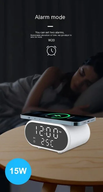 SZ-06 Дигитален LED часовник / Аларма + Безжично Зарядно Будилник – Черен