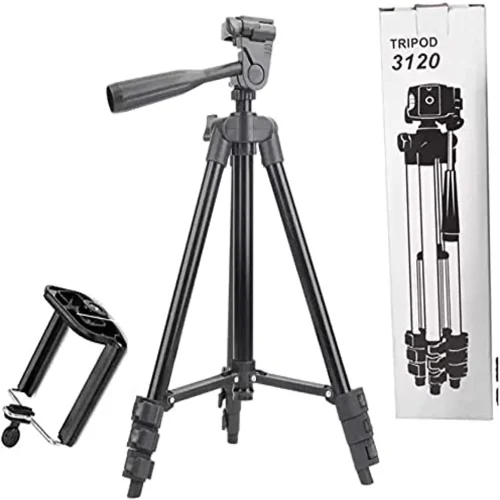 TRIPOD 3120A – Алуминиев преносим и сгъваем статив с регулируема височина и държач за телефон, 105 см
