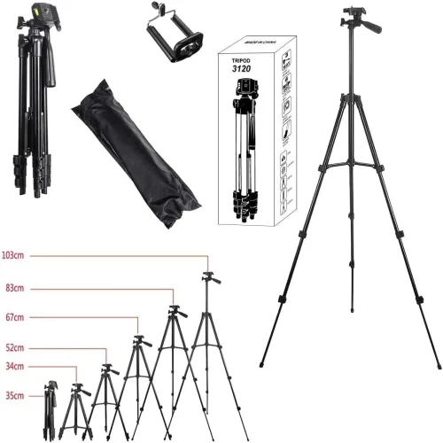 TRIPOD 3120A – Алуминиев преносим и сгъваем статив с регулируема височина и държач за телефон, 105 см