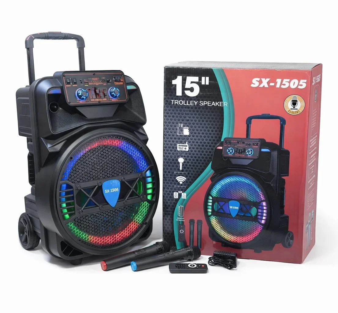 TTD/SX-1505 15″ 1000W Безжична колона говорител субуфер + 2 безжични микрофони