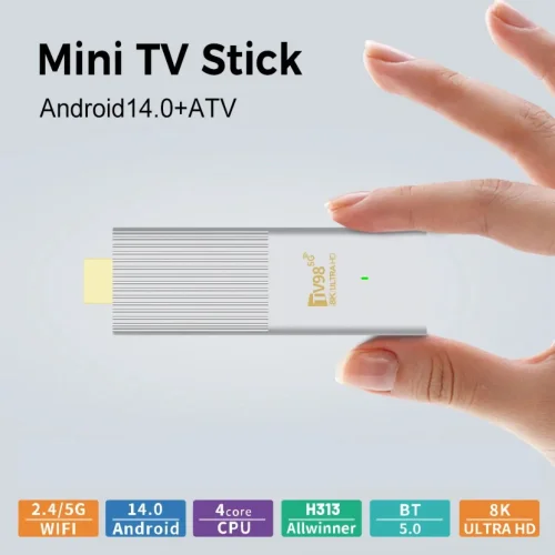 TV98 ATV W2 TV Stick 8K HDR ULTRA HD android 14.0 2GB + 8GB 2.4/5G Wifi 4 Ядрен процесор Netflix Youtube Media Player