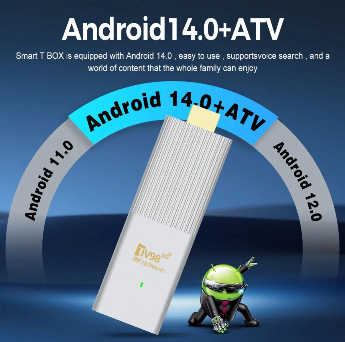 TV98 ATV W2 TV Stick 8K HDR ULTRA HD android 14.0 2GB + 8GB 2.4/5G Wifi 4 Ядрен процесор Netflix Youtube Media Player