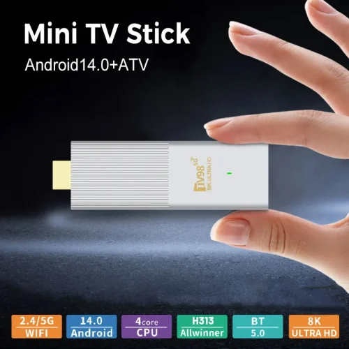 TV98 ATV W2 TV Stick 8K HDR ULTRA HD android 14.0 2GB + 8GB 2.4/5G Wifi 4 Ядрен процесор Netflix Youtube Media Player