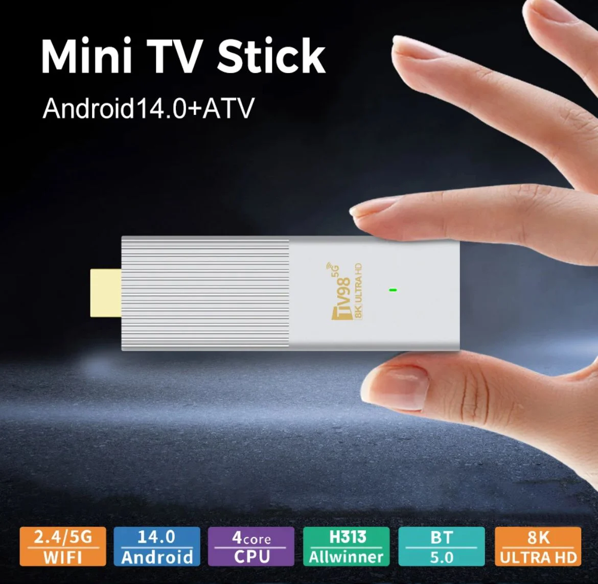 TV98 ATV W2 TV Stick 8K HDR ULTRA HD android 14.0 2GB + 8GB 2.4/5G Wifi 4 Ядрен процесор Netflix Youtube Media Player
