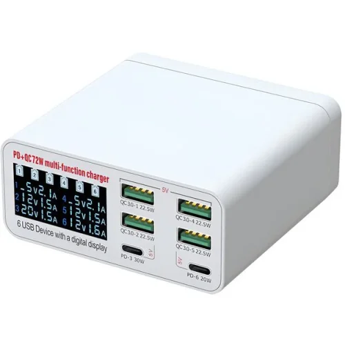 WLX-896C PD + QC Зарядна станция за 6 устройства с дисплей, многопортово зарядно устройство с бързо зареждане, 4×USB QC3.0 и 2×Type-C PD, 72W