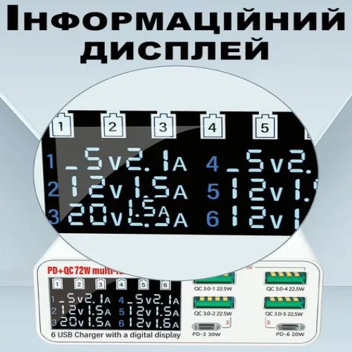 WLX-896C PD + QC Зарядна станция за 6 устройства с дисплей, многопортово зарядно устройство с бързо зареждане, 4×USB QC3.0 и 2×Type-C PD, 72W