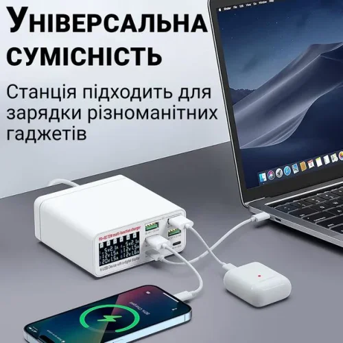 WLX-896C PD + QC Зарядна станция за 6 устройства с дисплей, многопортово зарядно устройство с бързо зареждане, 4×USB QC3.0 и 2×Type-C PD, 72W