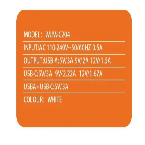 WUW C204 PD20W + QC18W Адаптер с изх. USB-C + USB-A