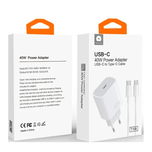 WUW T108 Зарядно USB-C PD 40W зарядно устройство с USB-C към USB-C кабел