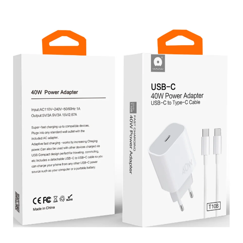 WUW T108 Зарядно USB-C PD 40W зарядно устройство с USB-C към USB-C кабел