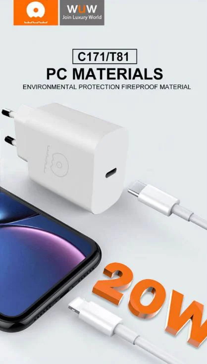WUW T81 Зарядно с кабел PD20W Type-C към Type-C – Бял