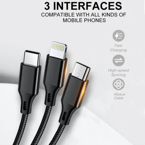 WUW X208 Кабел 3 в 1 – USB към Type-C / Lightning / Micro USB, 2.4A, 1.2м