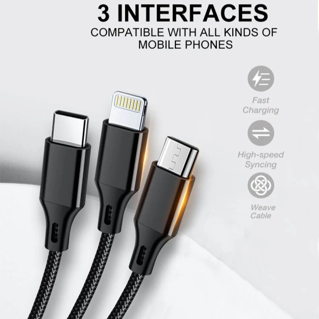 WUW X208 Кабел 3 в 1 – USB към Type-C / Lightning / Micro USB, 2.4A, 1.2м