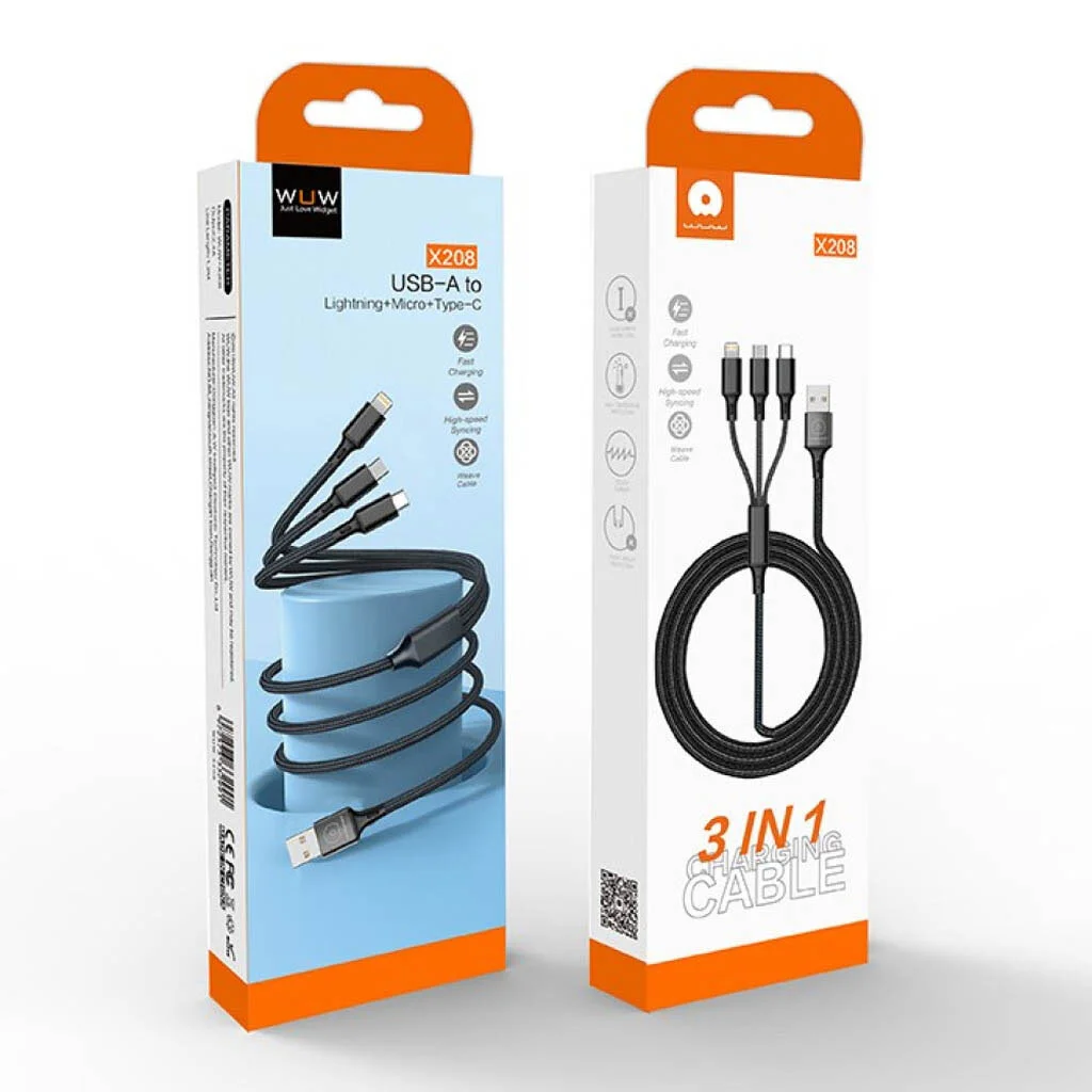 WUW X208 Кабел 3 в 1 – USB към Type-C / Lightning / Micro USB, 2.4A, 1.2м