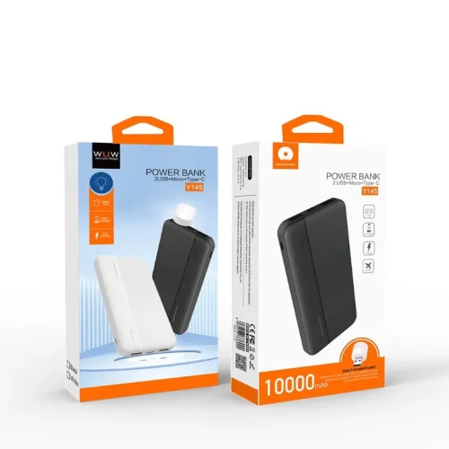 WUW Y145 2.1A Преносимо зарядно + LED 1xUSB-C 2xUSB-A – 10,000 mAh – Бял