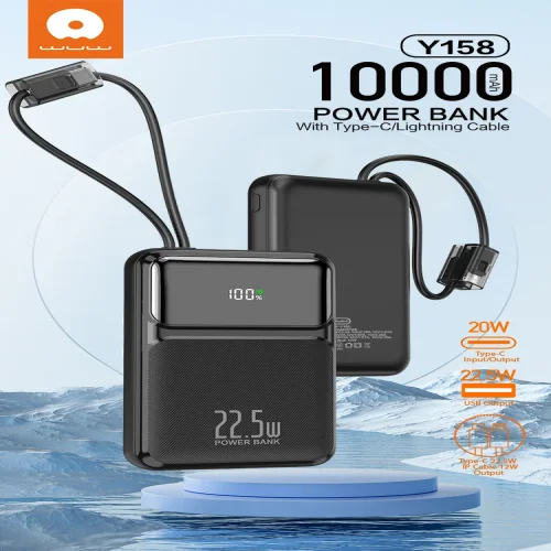 WUW Y158 Power Bank 10,000mAh 22.5W с вградени Type-C и Lightning кабели