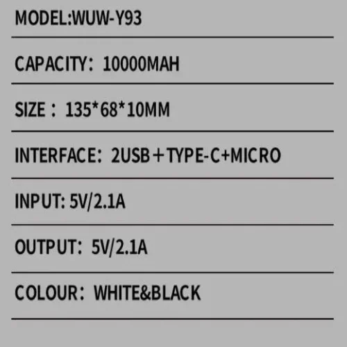 WUW-Y93 Тънко Пр.зарядно 2.1A MICRO + USB-C + 2изх.USB 10,000MAH – Черен