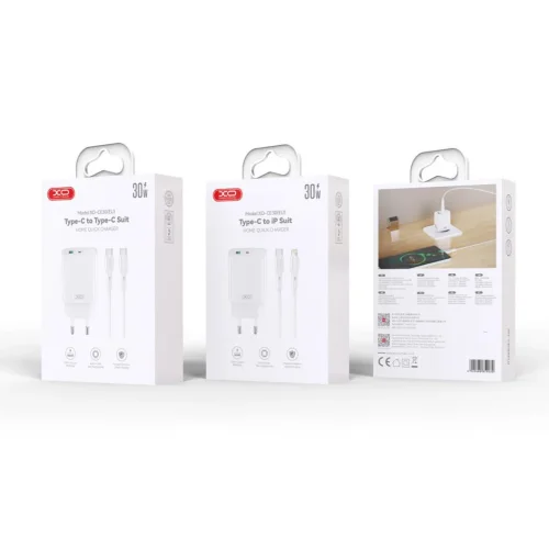 XO-CE30 30W Бързо Зарядно USB-C + USB с кабел Type-C към Lightning