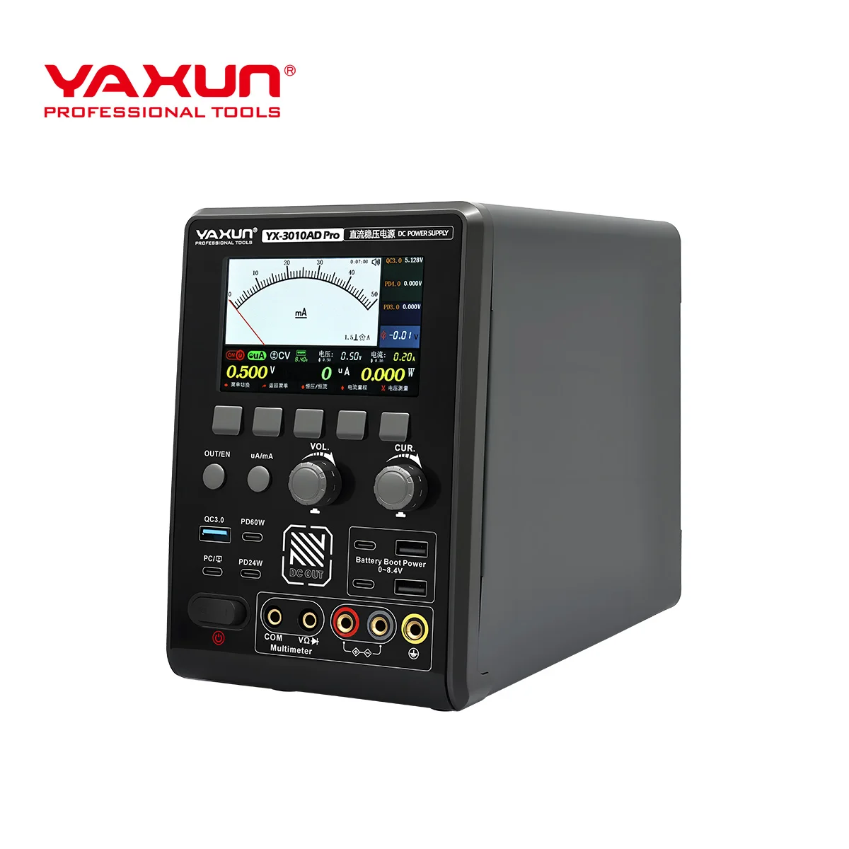 YAXUN YX-3010AD PRO 3-в-1 Интелигентен Лабораторен Захранващ Блок 30V 10A 300W с Цифров Мултиметър, PD 60W Зареждане и 4″ LCD Дисплей