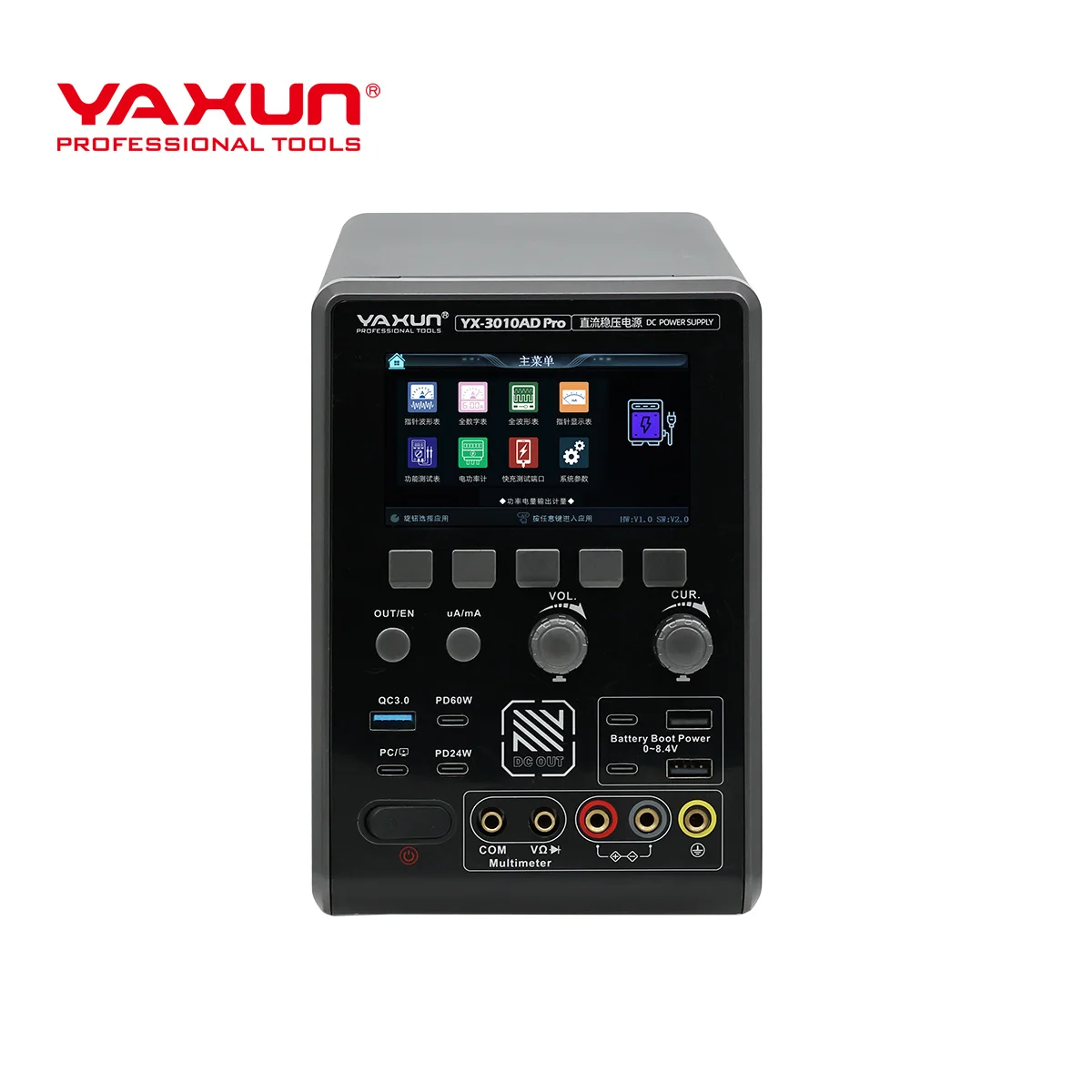 YAXUN YX-3010AD PRO 3-в-1 Интелигентен Лабораторен Захранващ Блок 30V 10A 300W с Цифров Мултиметър, PD 60W Зареждане и 4″ LCD Дисплей